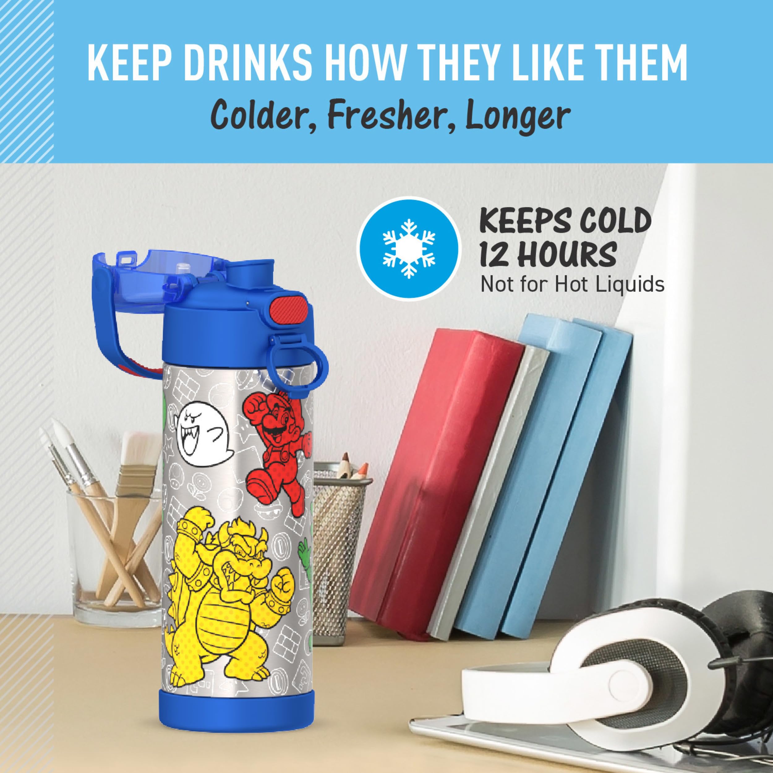 THERMOS FUNtainer junto a objeto de referencia para comparar tamaño y capacidad