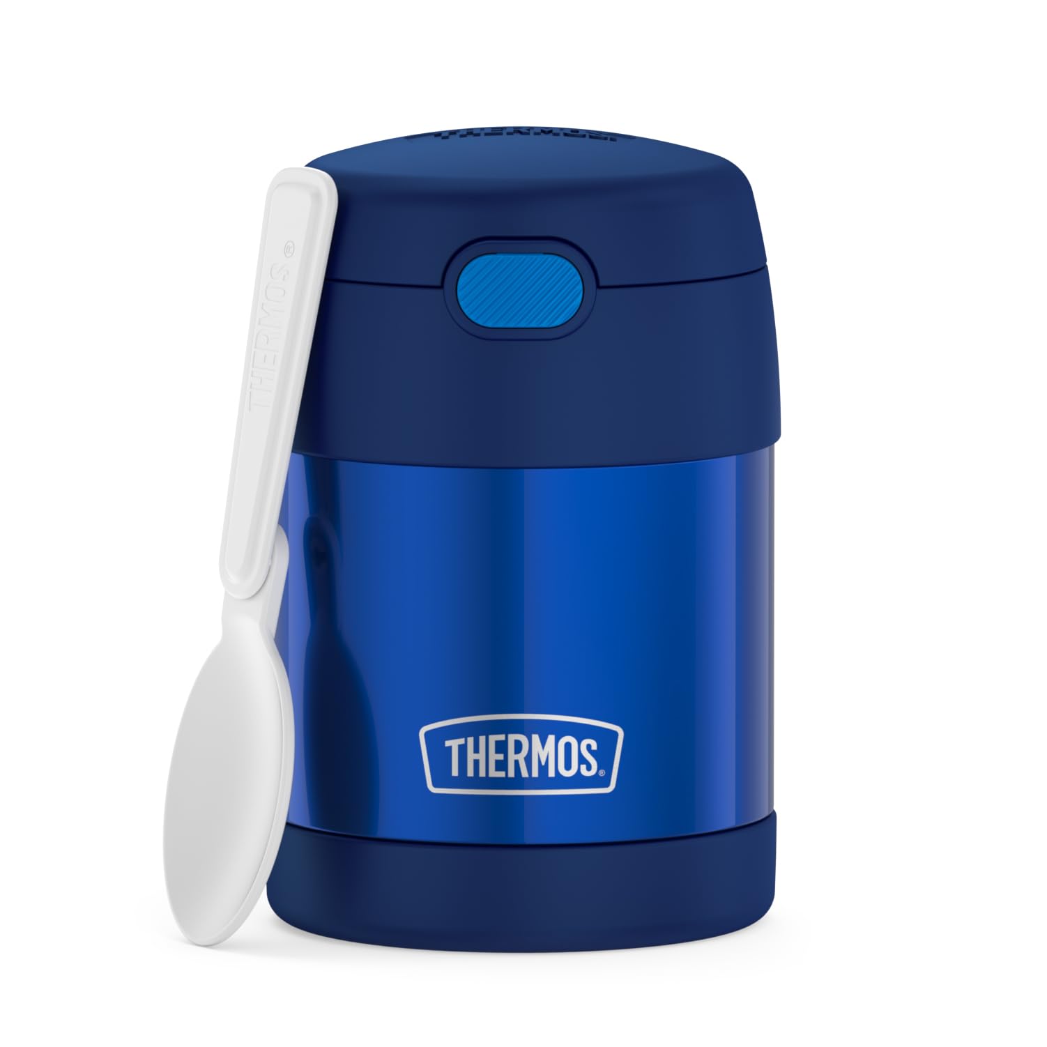 THERMOS FUNtainer frontal azul marino mostrando diseño compacto y cierre seguro