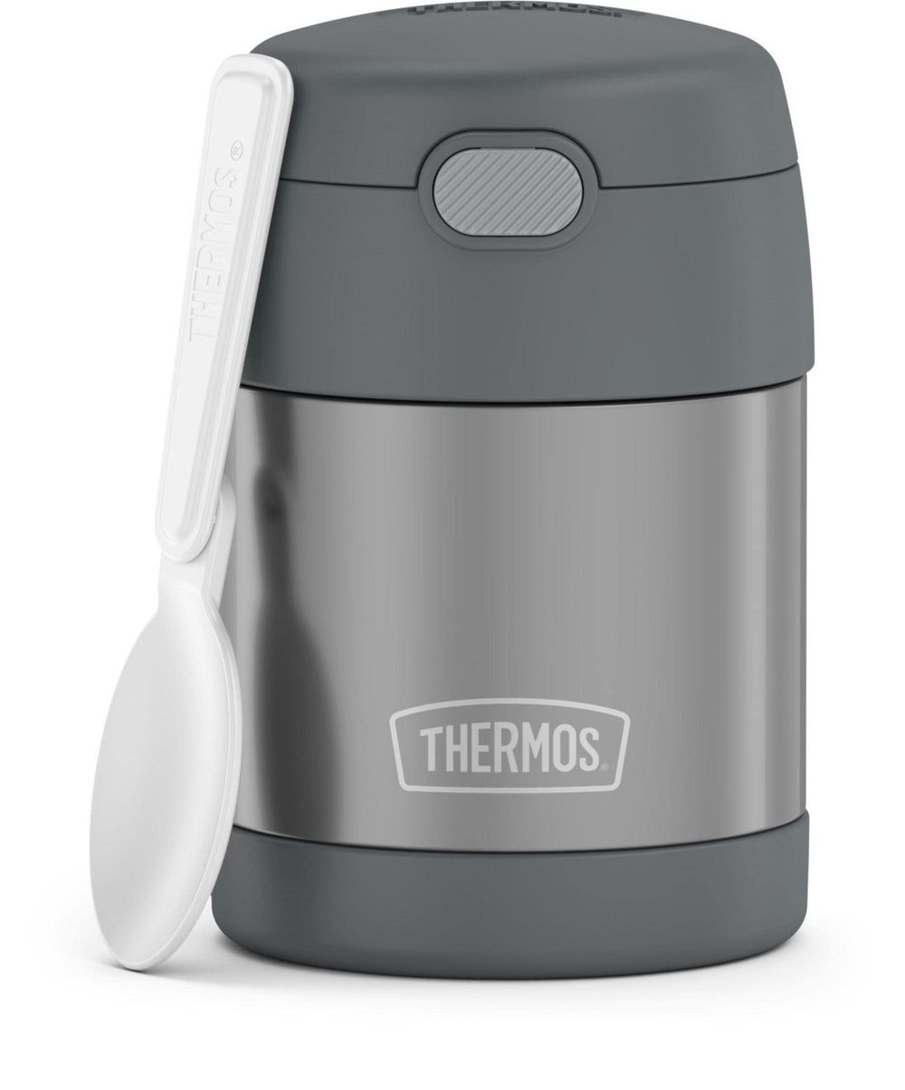THERMOS FUNtainer vista frontal gris que muestra diseño compacto y seguro