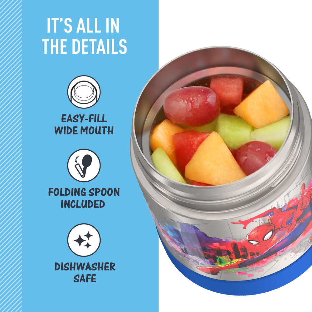THERMOS Spider-Man jar inside a child’s lunchbox showing compact, space-saving fit