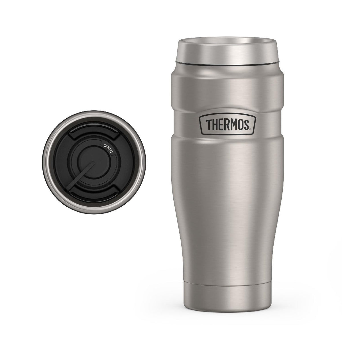 THERMOS vaso frontal mate mostrando diseño resistente y retención térmica