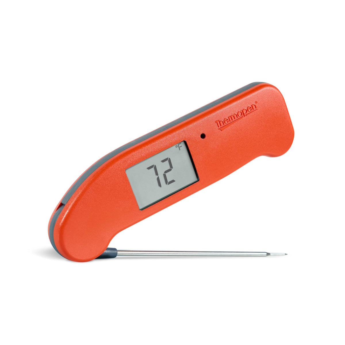 ThermoWorks Thermapen ONE frente en Cayenne Pepper Red mostrando diseño legible y beneficio de lectura rápida