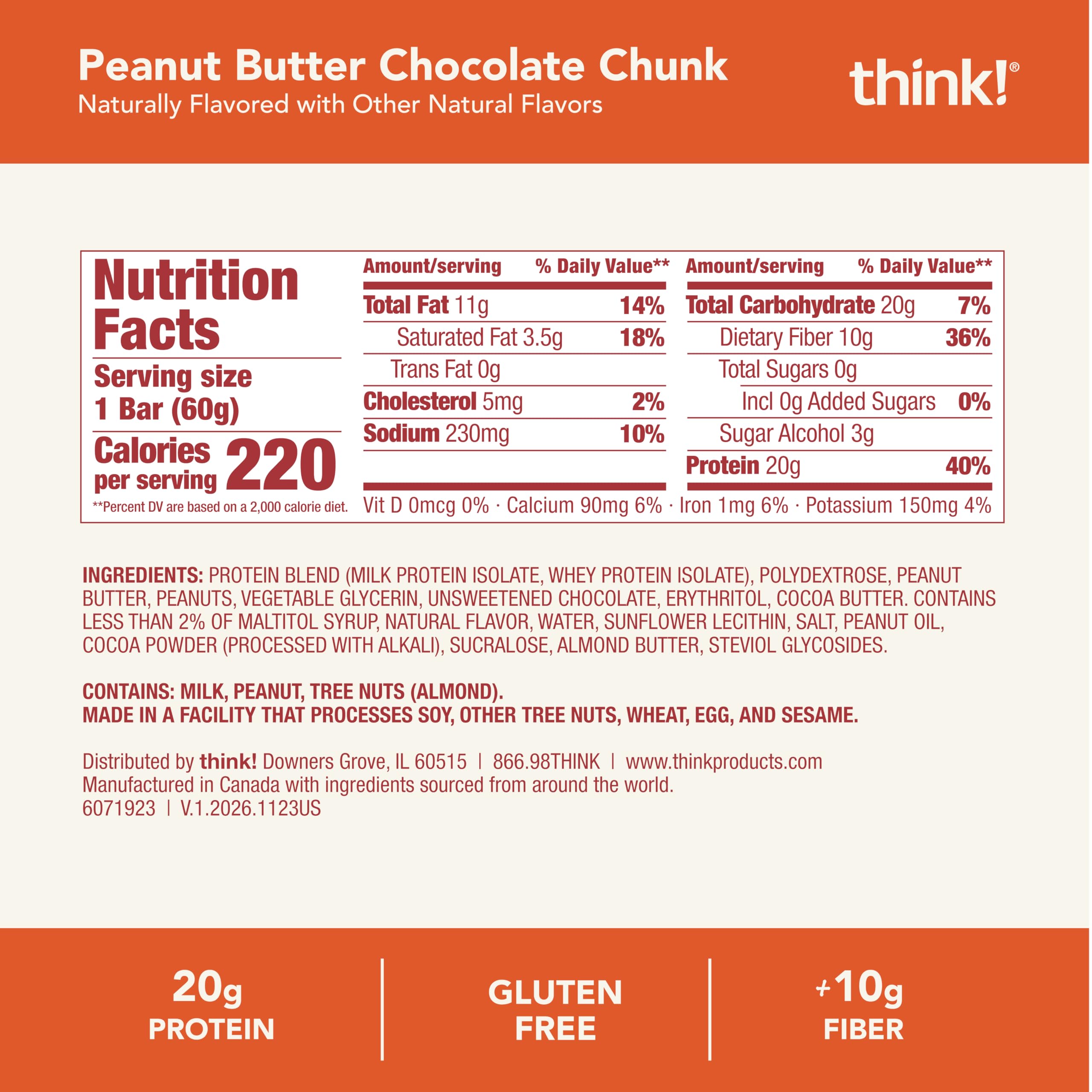 think! etiqueta nutricional enfocada, muestra proteína y fibra por porción