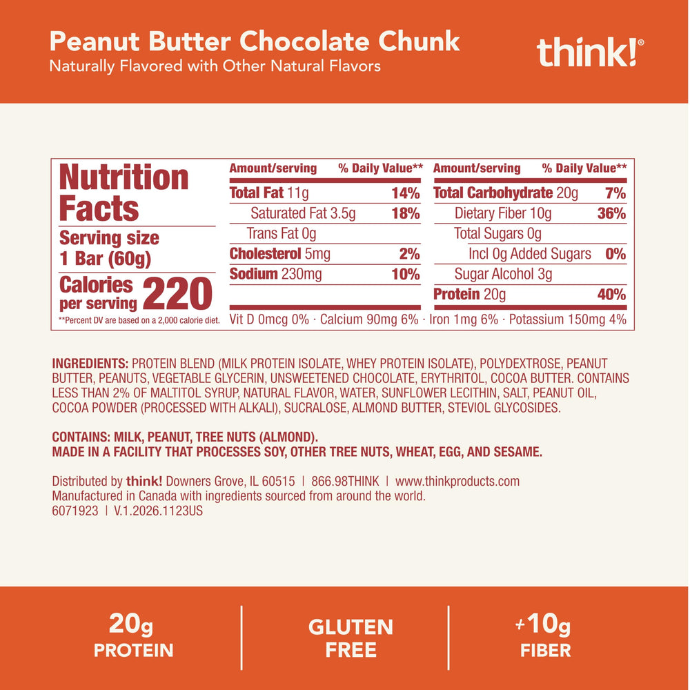 think! etiqueta nutricional enfocada, muestra proteína y fibra por porción
