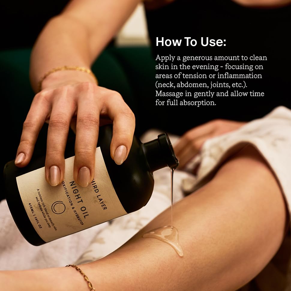 Third Layer pouring oil into hand illustrating application ease
