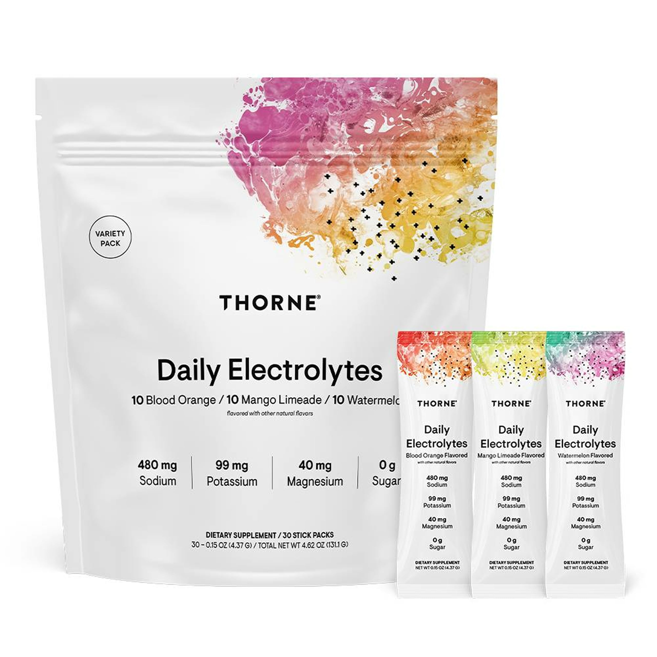 THORNE empaque frontal mostrando 30 sobres y diseño claro