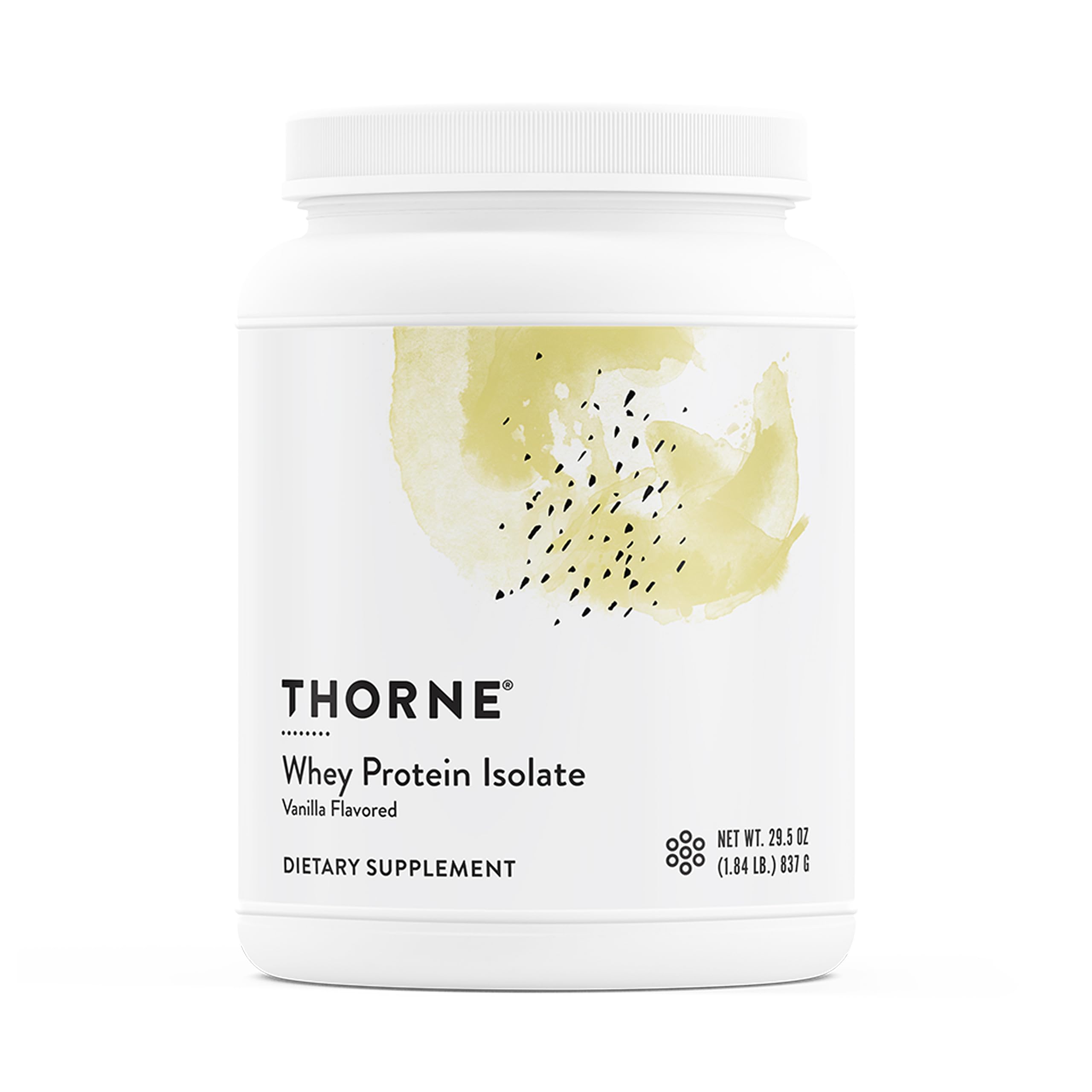 THORNE envase frontal de Whey Protein Isolate con información clara y beneficio de proteína por porción