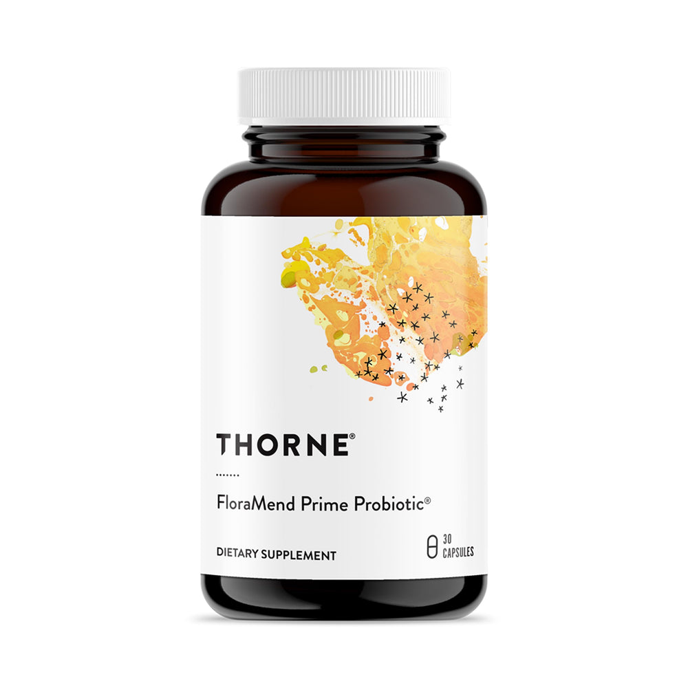 THORNE envase frontal FloraMend Prime mostrando presentación clara y beneficio de estabilidad