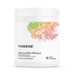 THORNE envase frontal Advanced Pre-Workout mostrando etiqueta y beneficios
