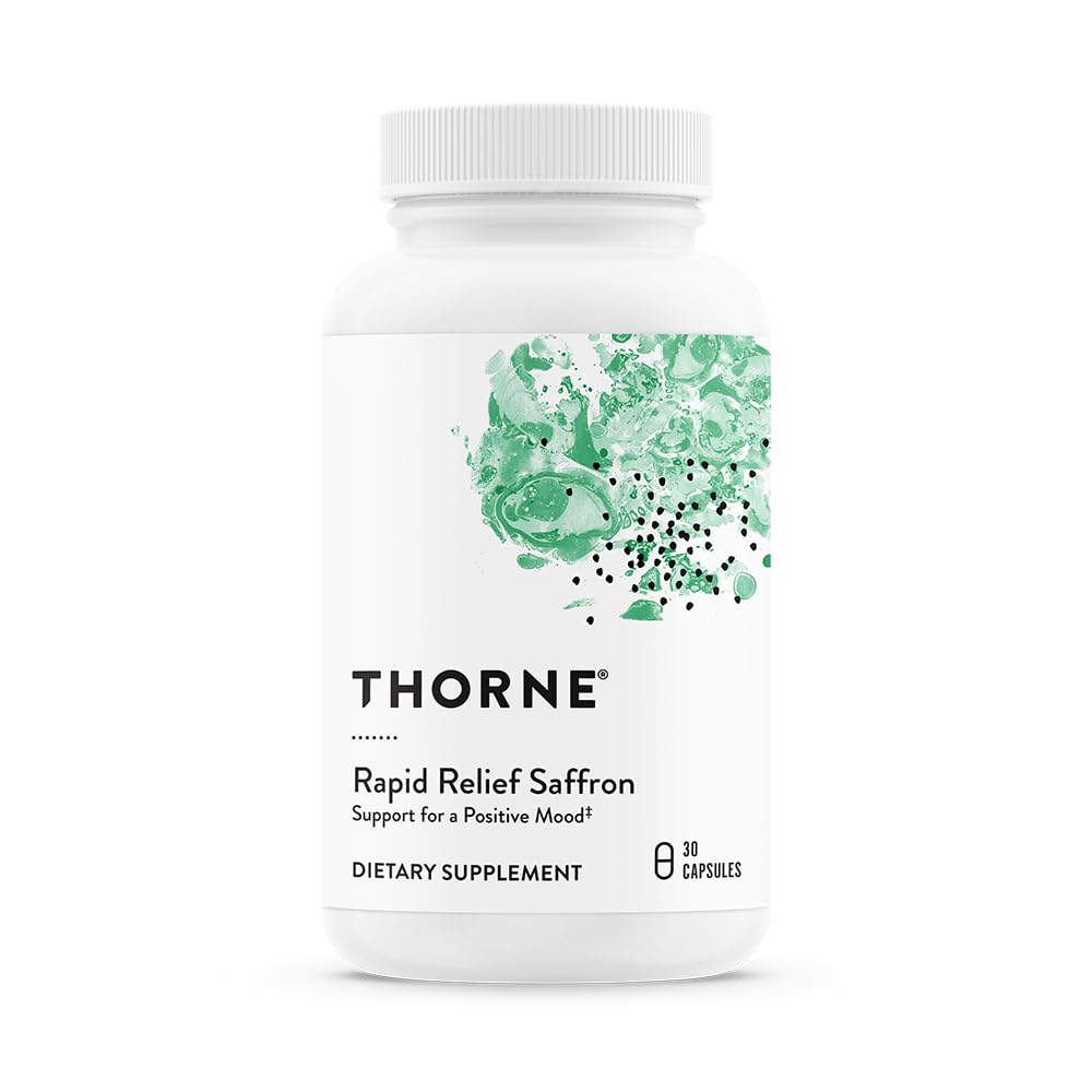 THORNE envase frontal de Rapid Relief Saffron mostrando la marca y beneficio calmante
