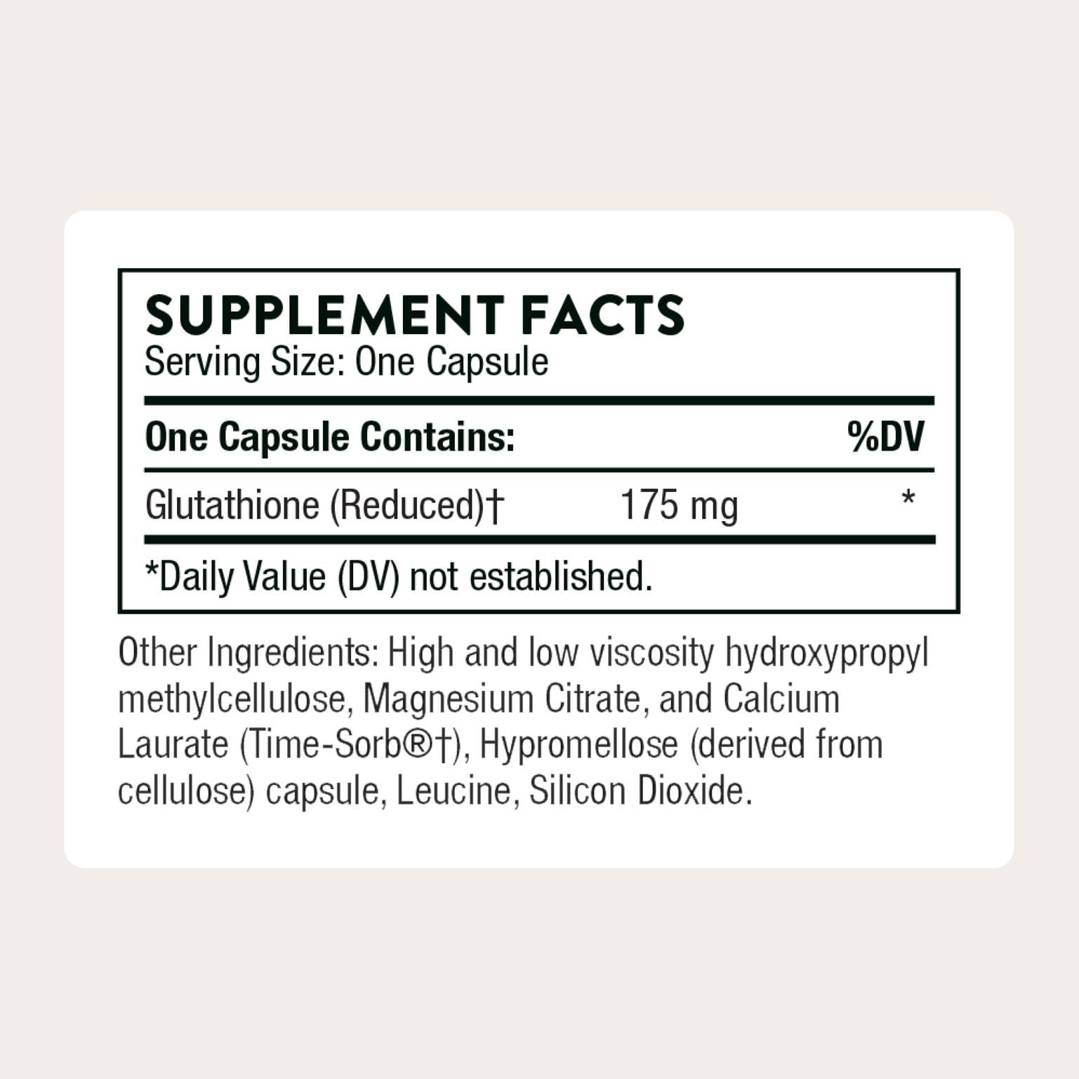 THORNE cápsulas Glutathione-SR primer plano mostrando tamaño y recubrimiento fácil de tragar