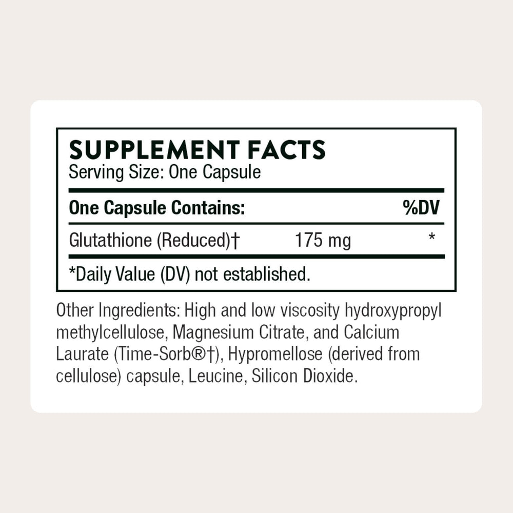 THORNE cápsulas Glutathione-SR primer plano mostrando tamaño y recubrimiento fácil de tragar