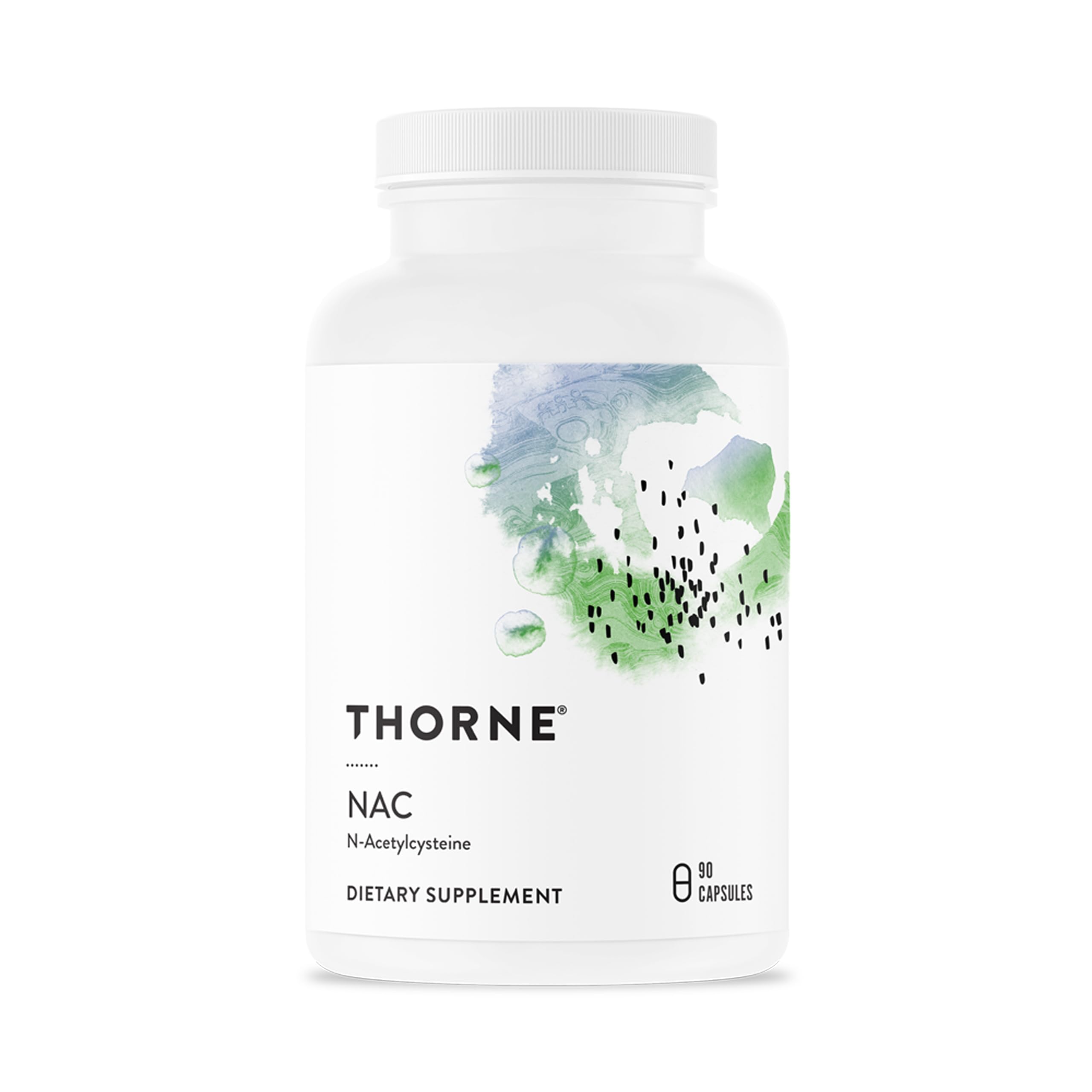 THORNE frasco frontal con 90 cápsulas y etiqueta clara
