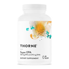 THORNE frasco frontal Super EPA mostrando presentación de 180 cápsulas, confianza en calidad