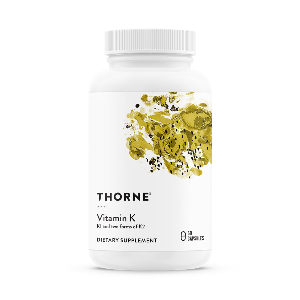 THORNE frasco frontal de Vitamin K con diseño claro y 60 cápsulas para identificación rápida