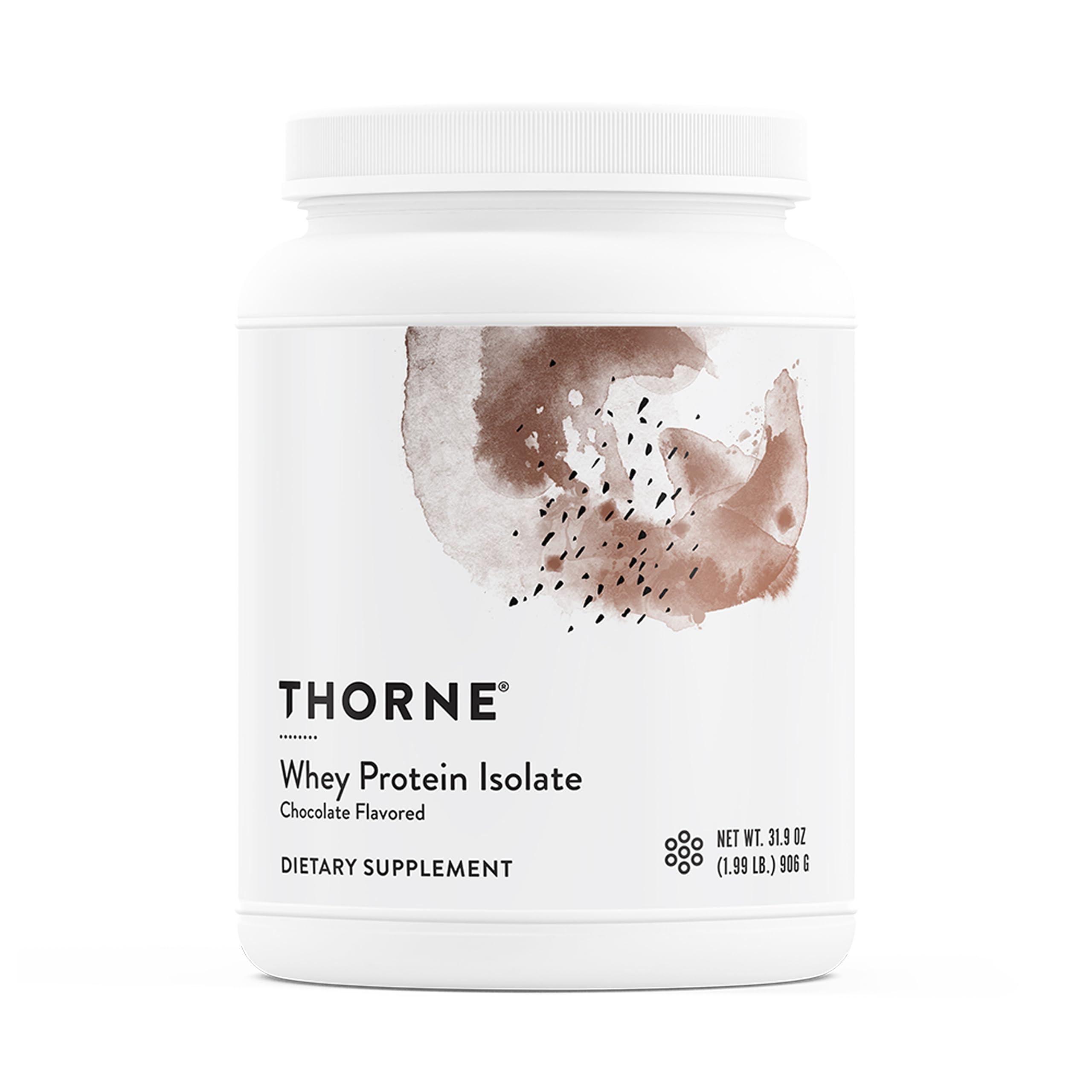 Envase frontal de THORNE Whey Protein Isolate mostrando la marca y sabor chocolate para elección confiable