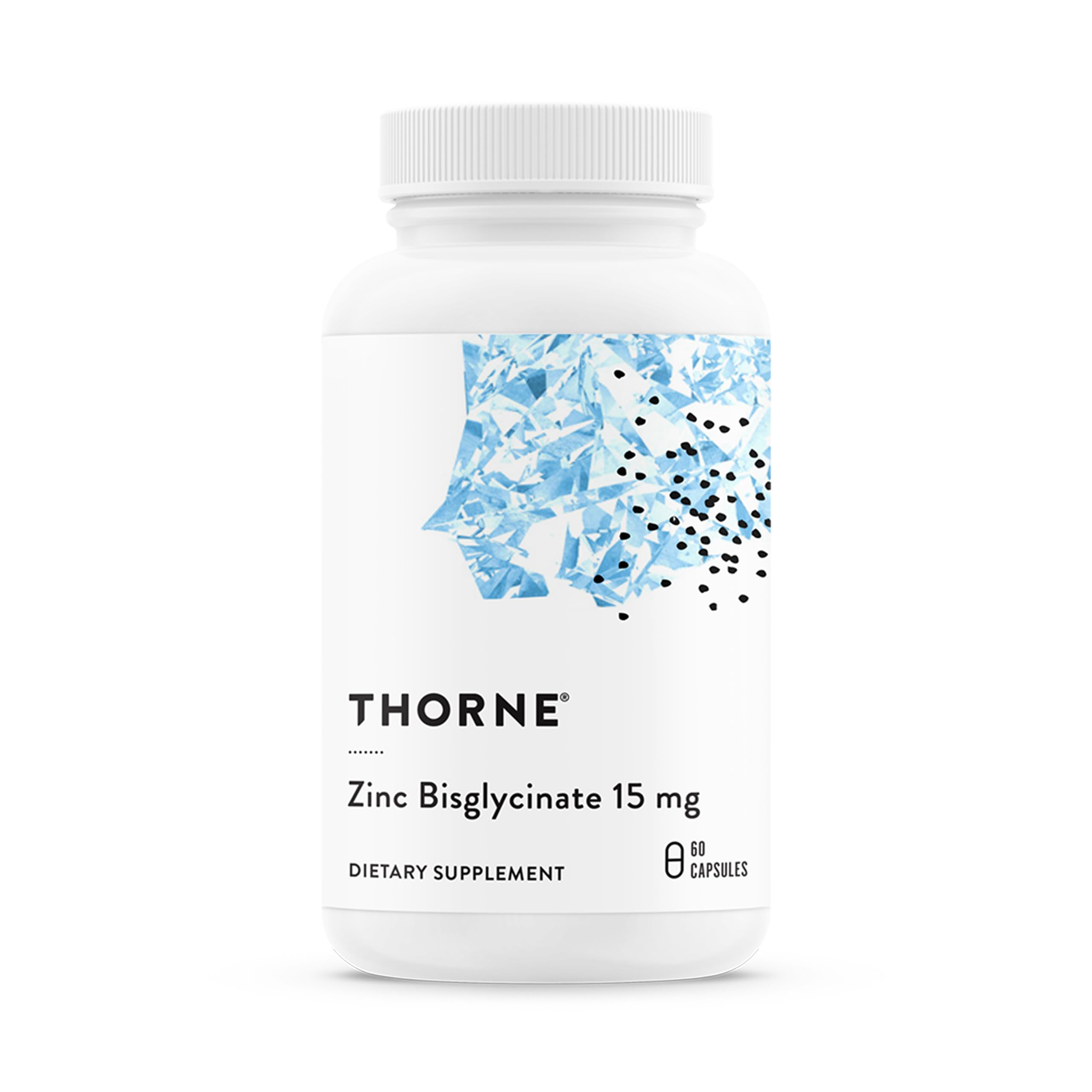 THORNE envase frontal de Zinc Bisglycinate mostrando formato y dosis