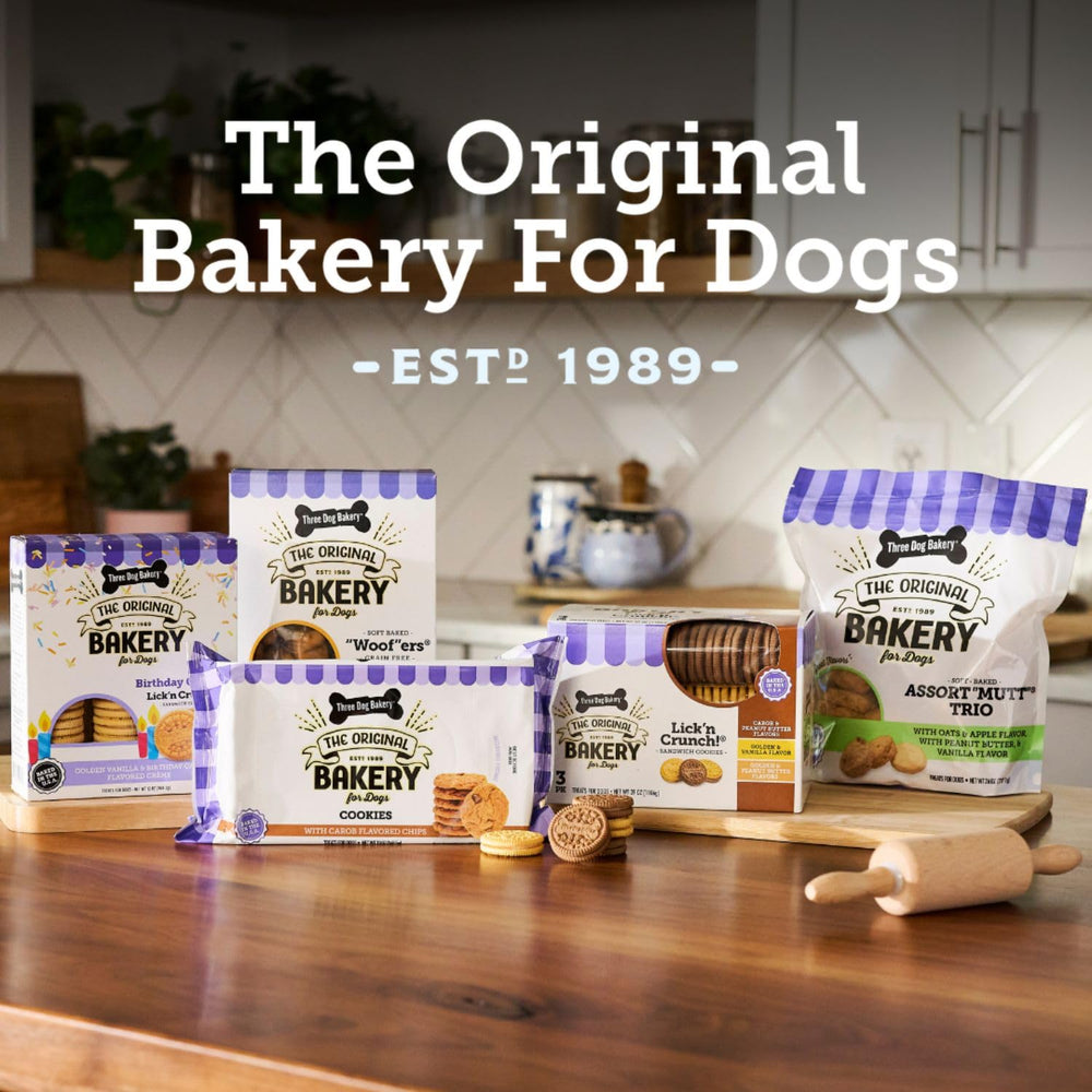 Three Dog Bakery ambientación matutina con perro disfrutando, ilustra uso diario como snack