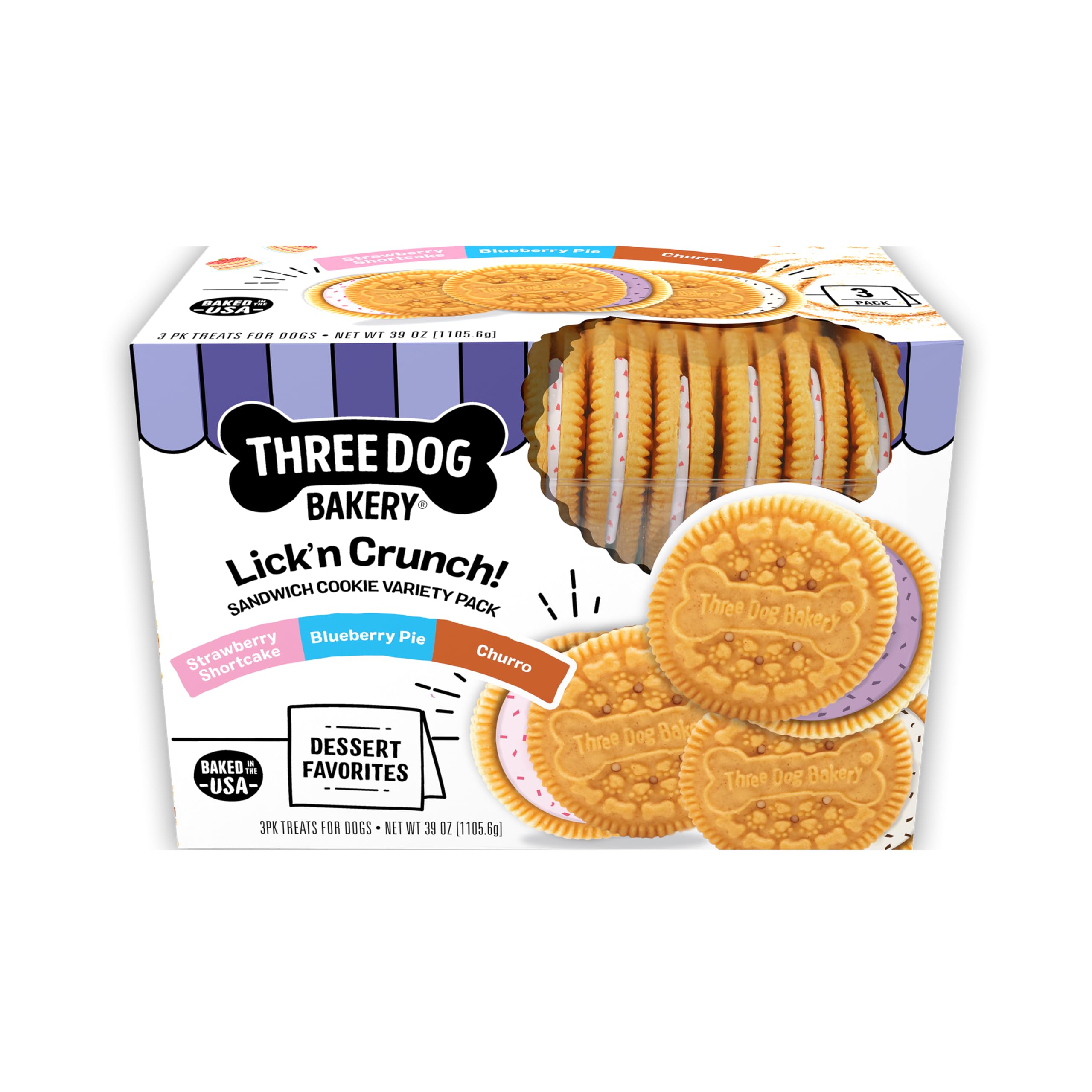 Three Dog Bakery pack frontal mostrando sabores y caja resellable, atractivo visual