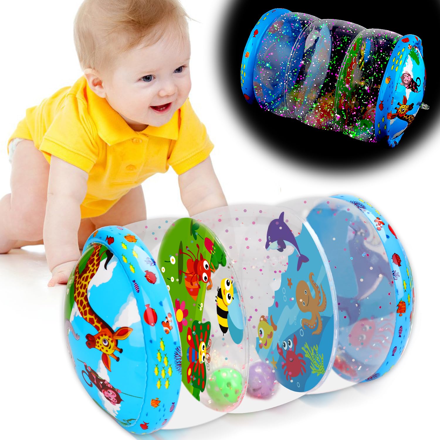 Thremhoo vista frontal del juguete inflable mostrando diseño mar y tierra y atractivo visual