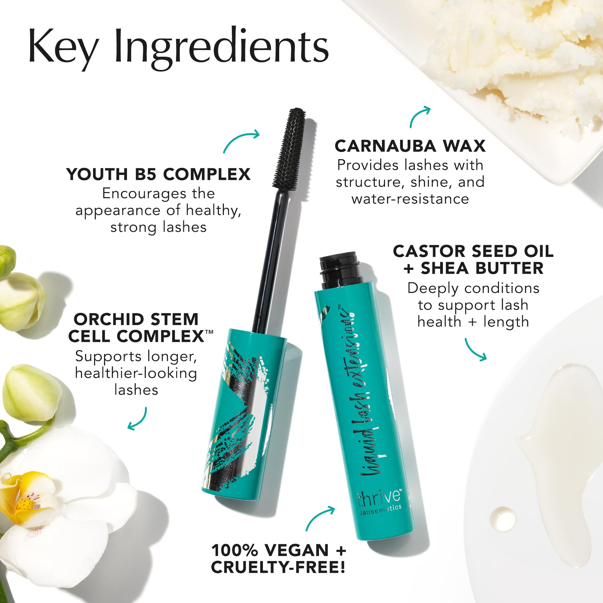 Thrive Causemetics etiqueta con ingredientes nutritivos y beneficios acondicionantes
