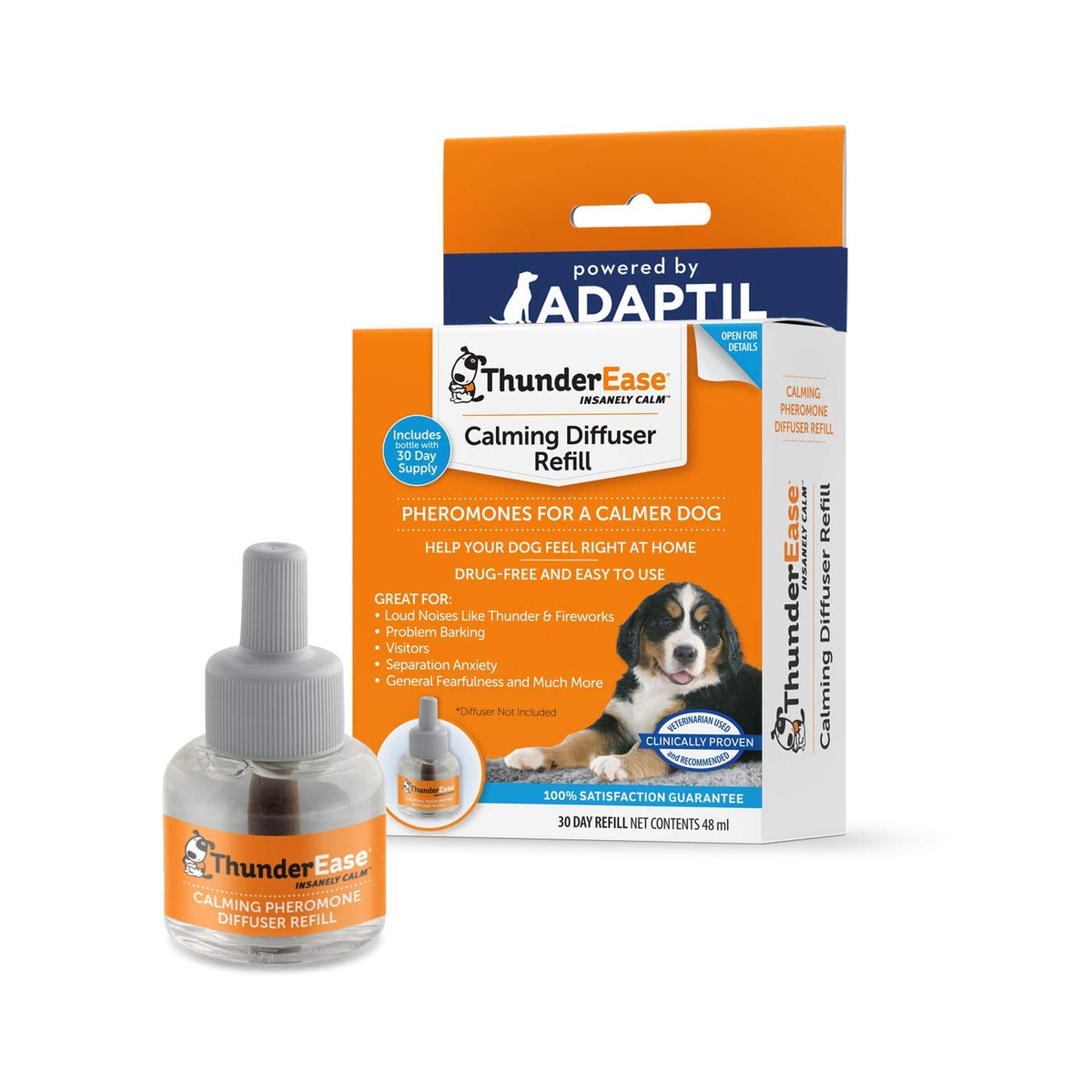 ThunderEase front packaging showing refill bottle and vet-recommended badge for calm