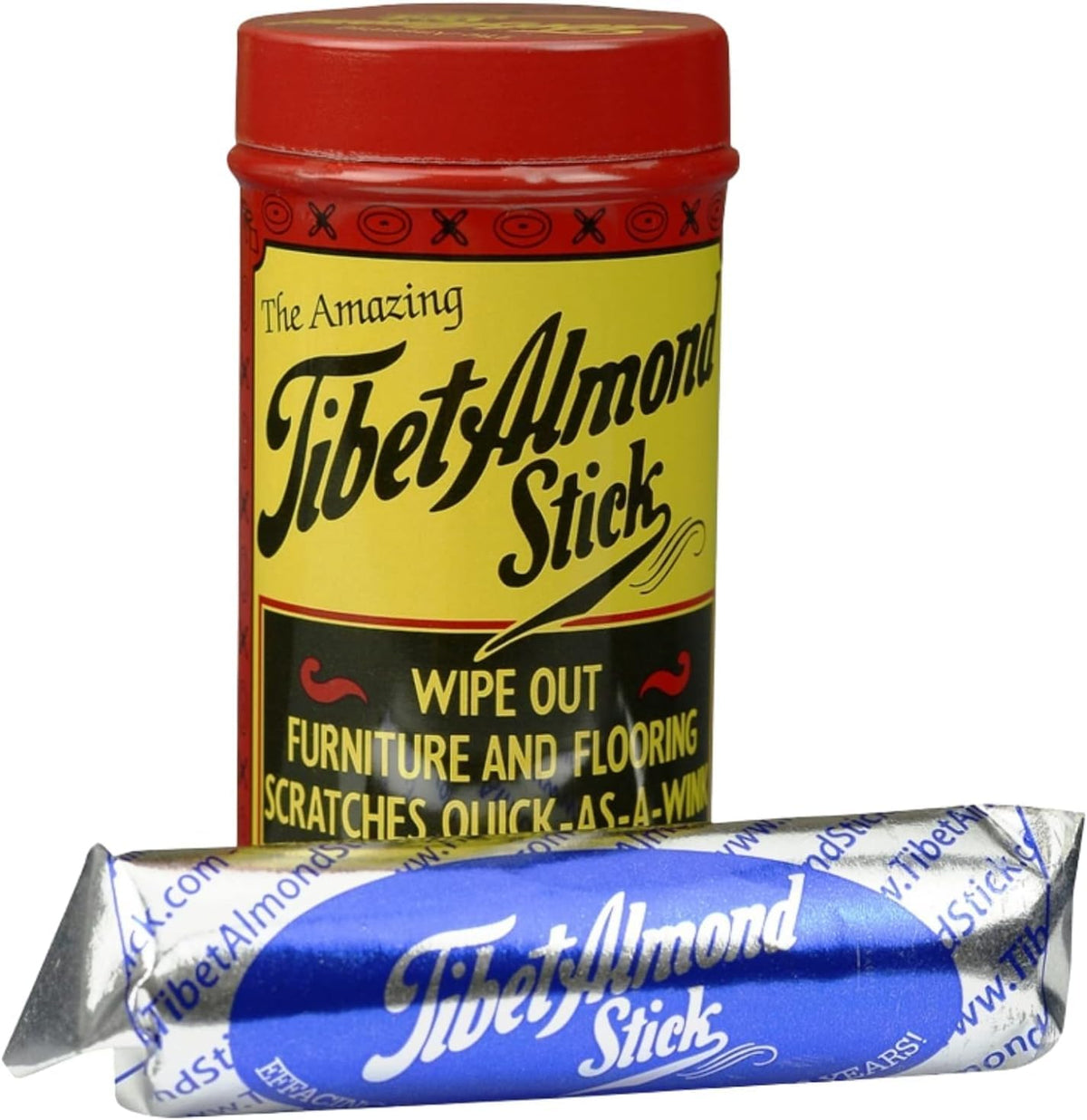 Tibet Almond Stick envase frontal mostrando lata compacta y protección
