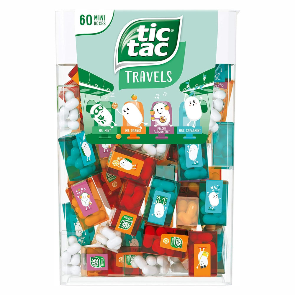 Tic Tac vista frontal de caja grupal con 60 mini cajas, ideal para eventos