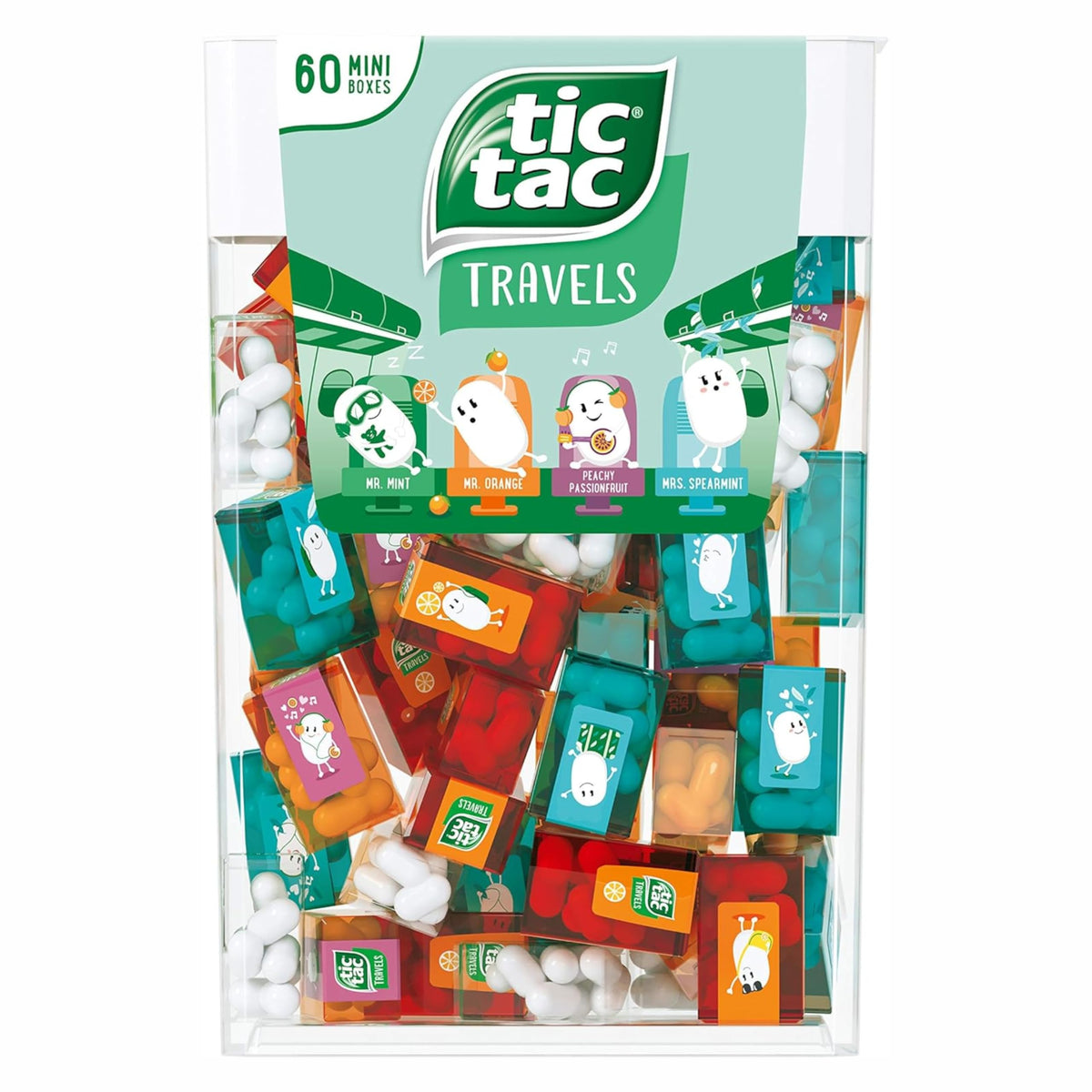 Tic Tac vista frontal de caja grupal con 60 mini cajas, ideal para eventos