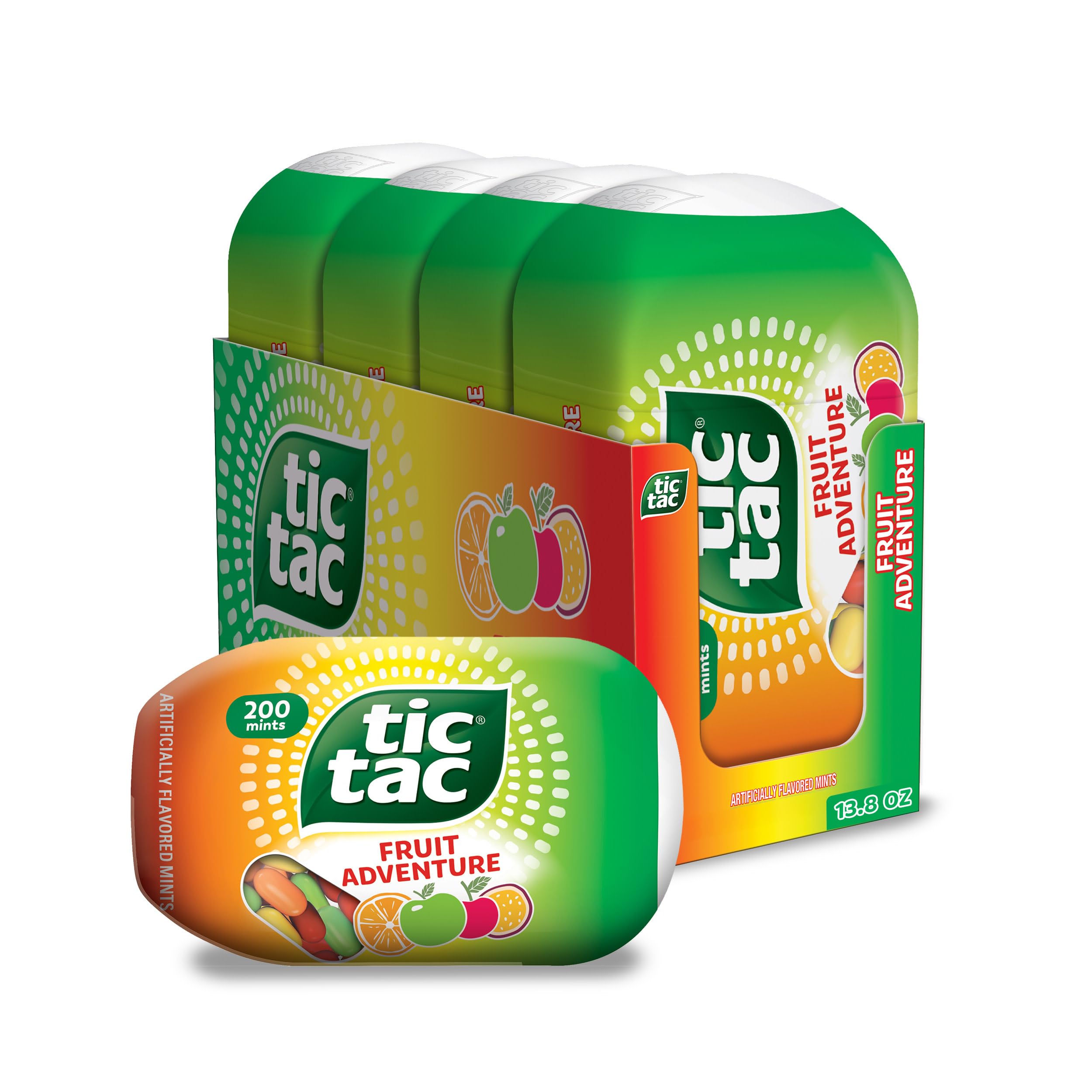 Tic Tac frente paquete de cuatro frascos mostrando conveniencia