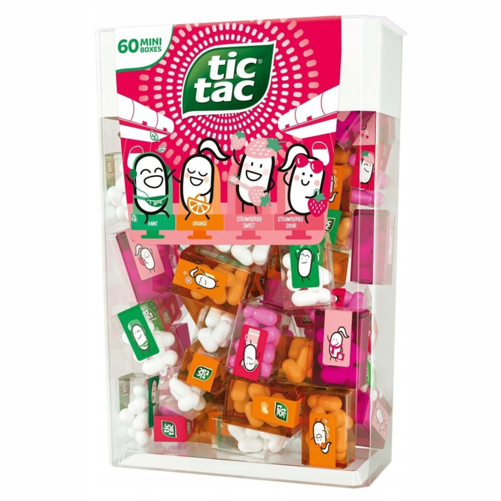 Tic Tac frontal del pack con 60 mini cajas mostrando variedad de sabores y conveniencia