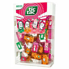 Tic Tac frontal del pack con 60 mini cajas mostrando variedad de sabores y conveniencia