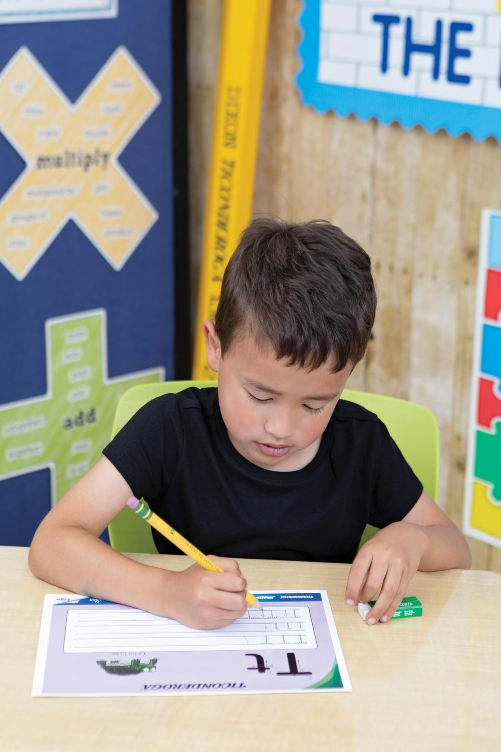 Ticonderoga lápices sobre pupitre escolar representando uso en el aula