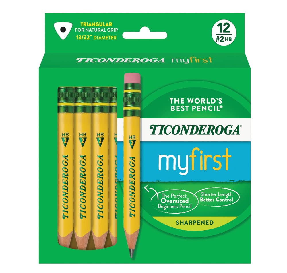 Ticonderoga frente del paquete mostrando 12 lápices listos para clase y práctica