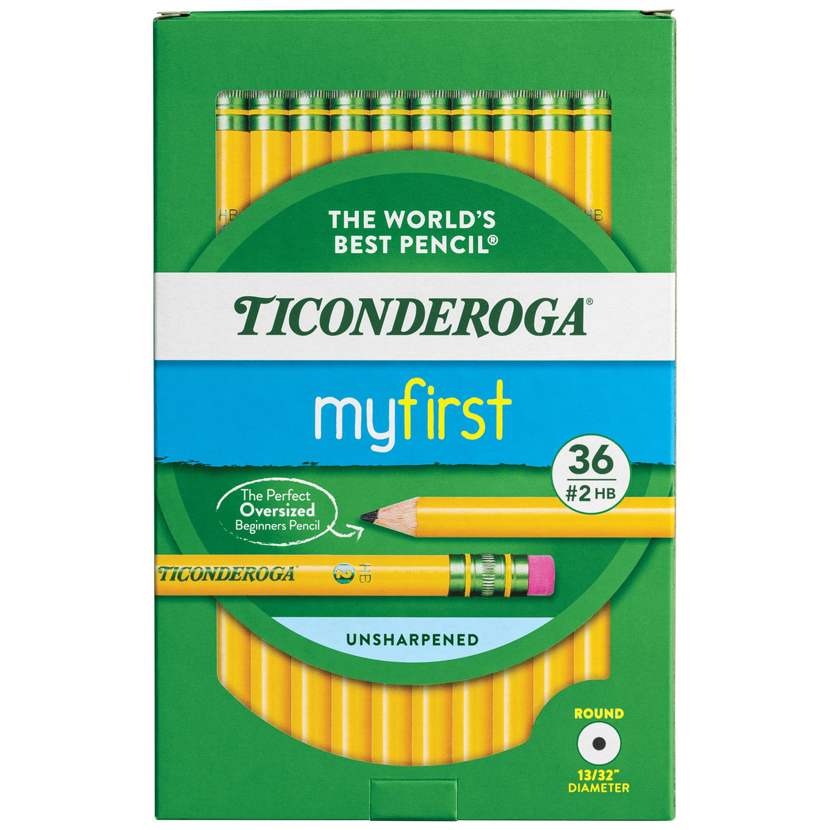 Ticonderoga paquete frontal mostrando 36 lápices amarillos beneficio calidad