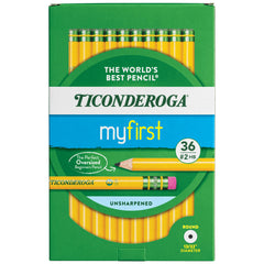 Ticonderoga paquete frontal mostrando 36 lápices amarillos beneficio calidad