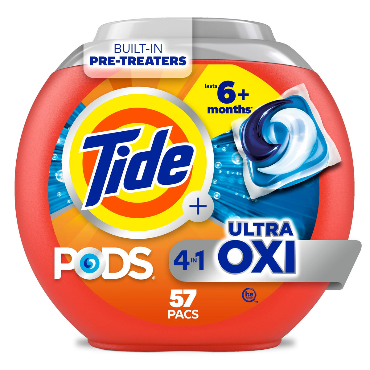 Tide frente del paquete mostrando 57 cápsulas y conveniencia