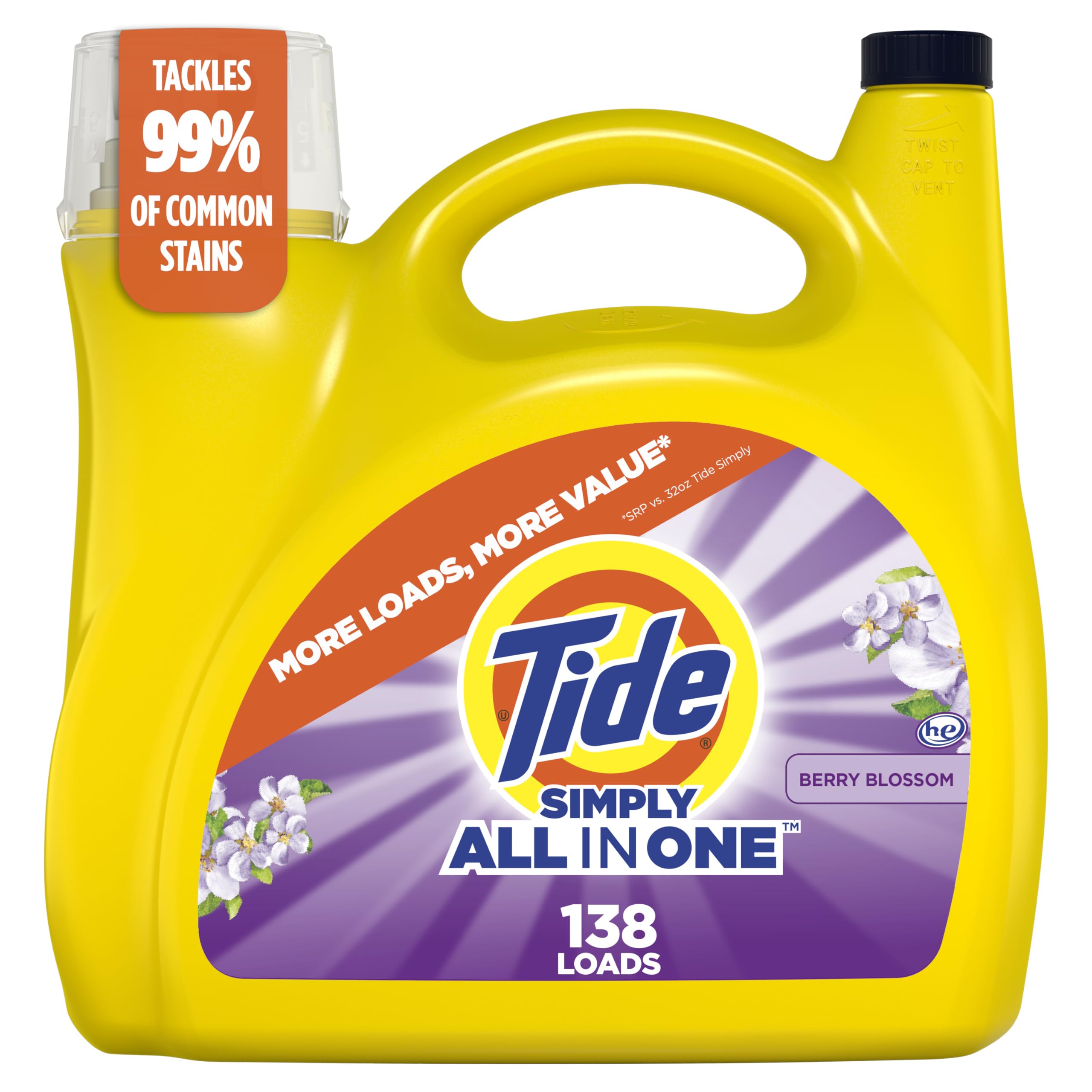 Tide botella frontal Berry Blossom mostrando el envase y beneficio de limpieza