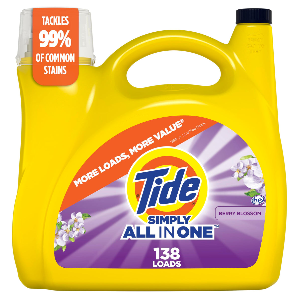 Tide botella frontal Berry Blossom mostrando el envase y beneficio de limpieza