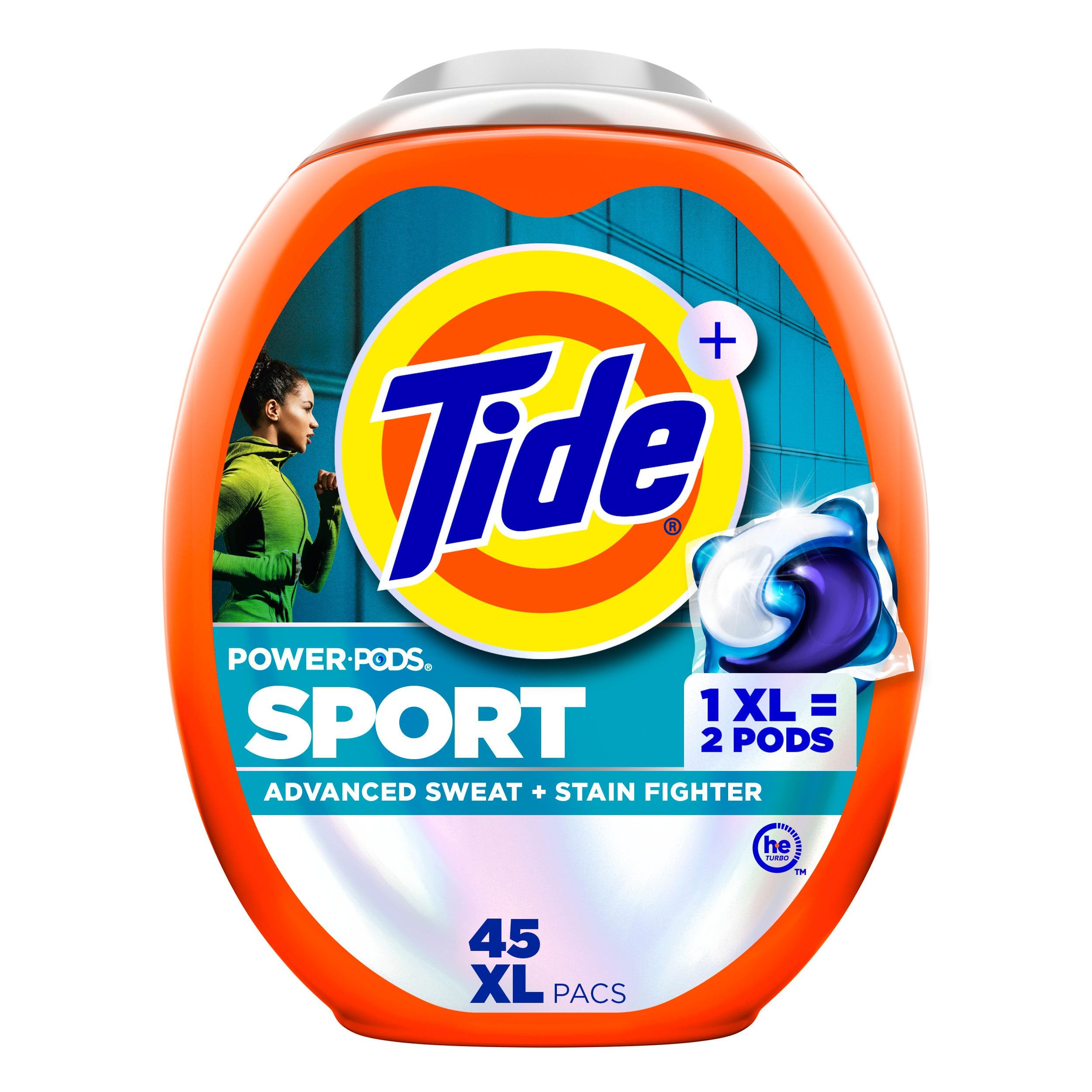 Tide caja frontal Sport 45 mostrando el envase y beneficio práctico