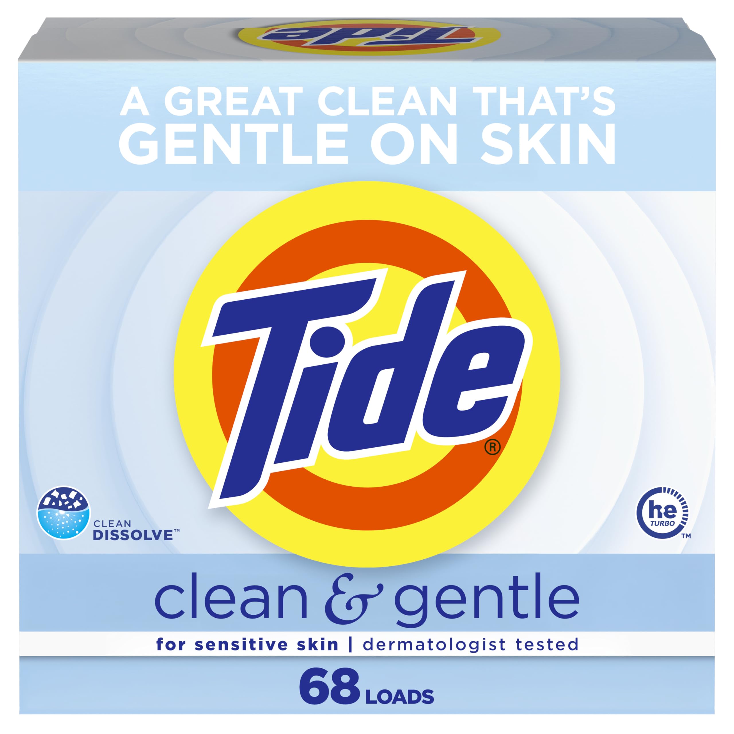 Tide Clean and Gentle frente del empaque mostrando el diseño y cantidad