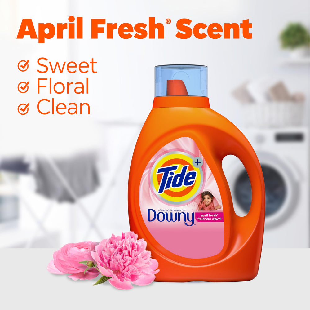 Etiqueta de Tide con Downy mostrando instrucciones y beneficios clave