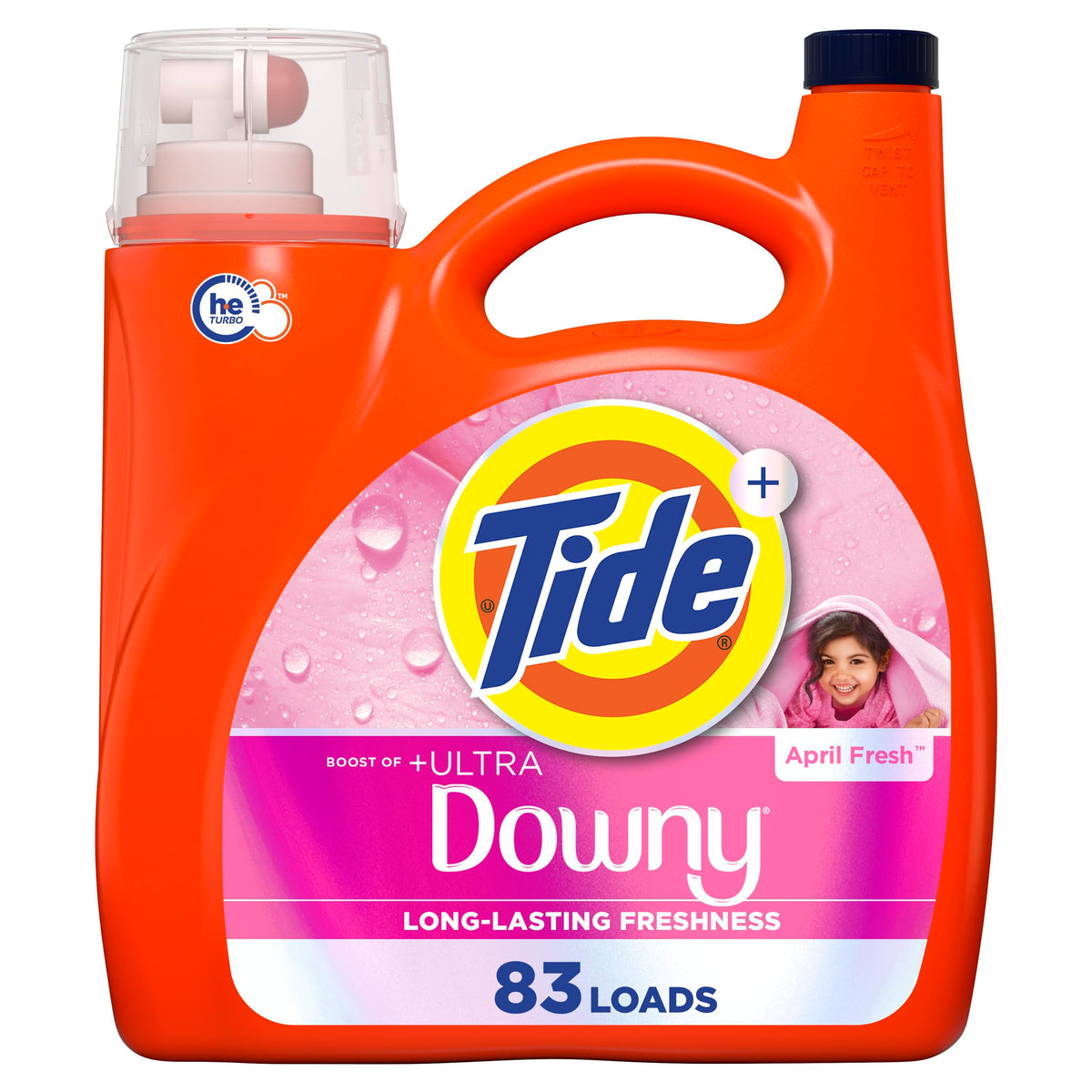 Tide botella frontal mostrando etiqueta y capacidad, frescura prolongada