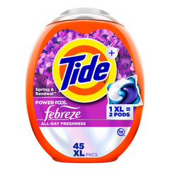 Tide paquete frontal 45 cápsulas mostrando ahorro y conveniencia