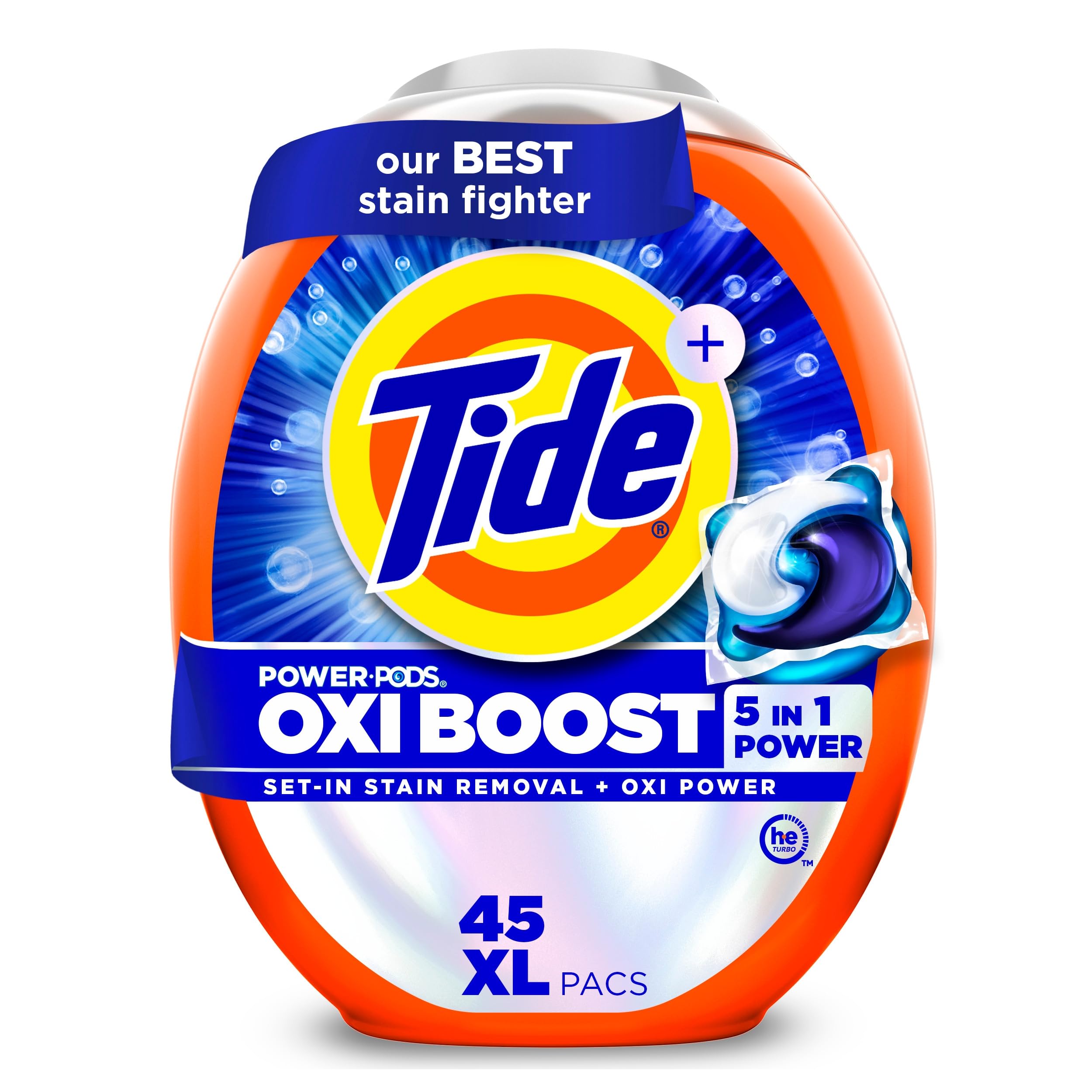 Tide empaque frontal mostrando 45 PODS y beneficio de limpieza potente