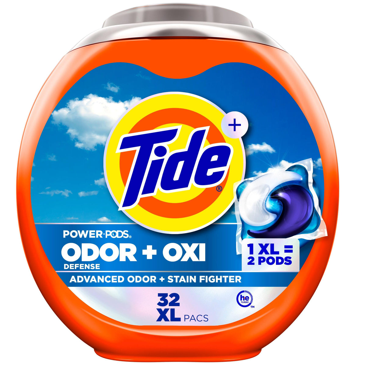Tide embalaje frontal mostrando 32 cápsulas y beneficio de limpieza potente