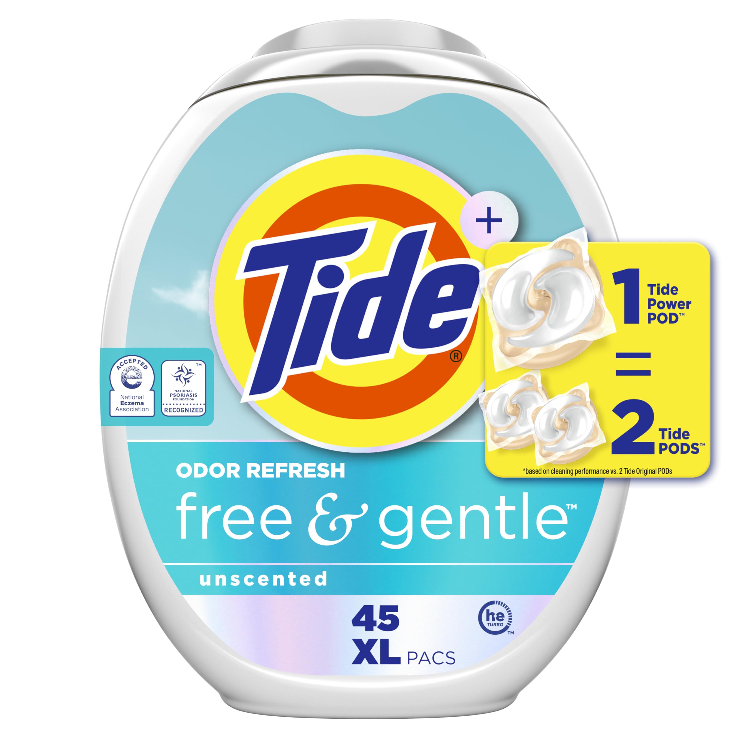 Tide empaque frontal mostrando 45 pacs y beneficios