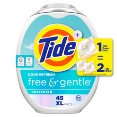 Tide empaque frontal mostrando 45 pacs y beneficios