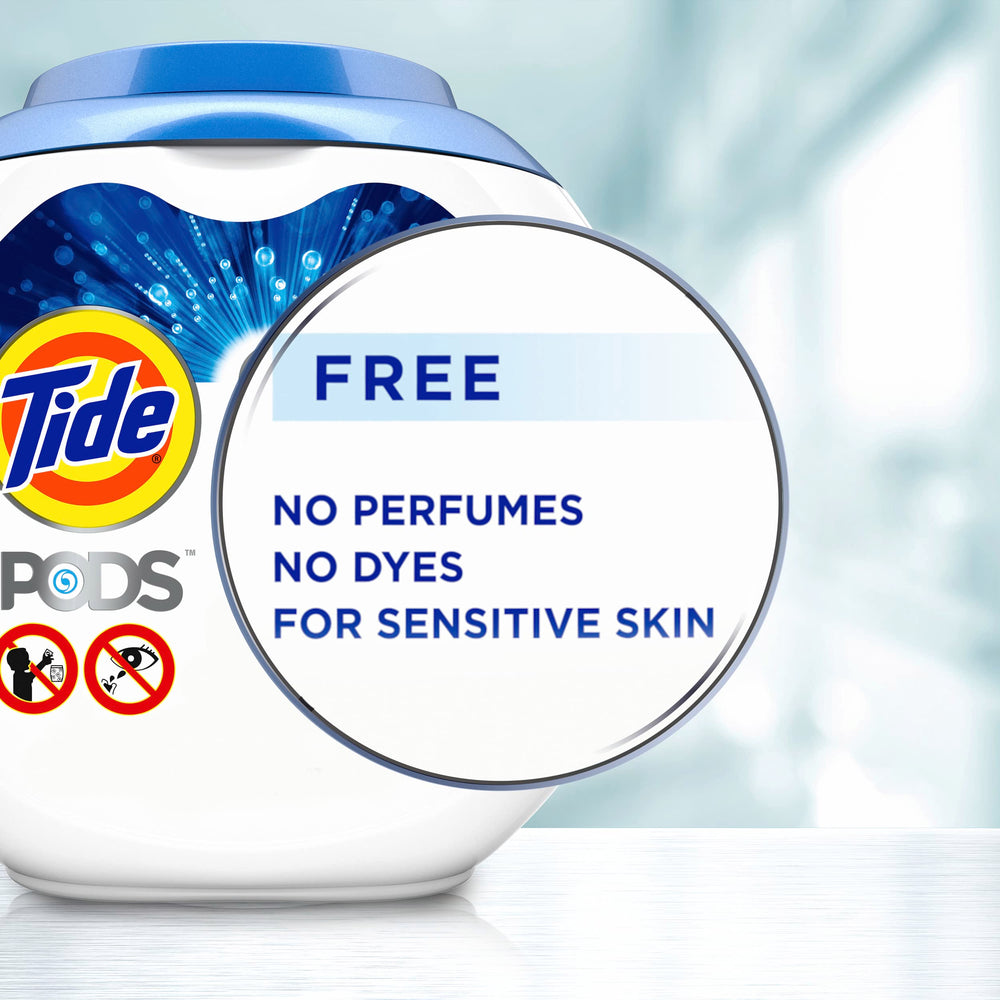 Primer plano de instrucciones Tide PODS para dosificación segura y correcta