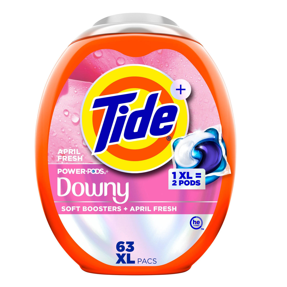 Tide Power PODs + Downy frente del empaque mostrando 63 cápsulas y beneficio de limpieza